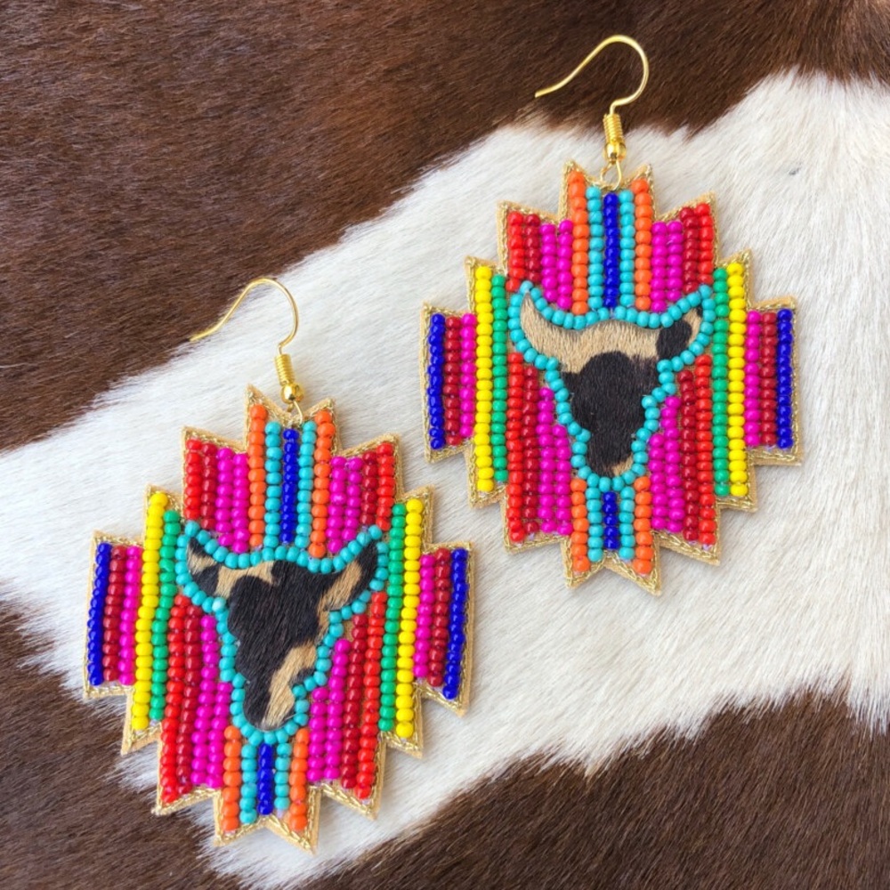 Colorful Western Boho Beaded & Cowhide Bull Head on Striped Aztec Earrings